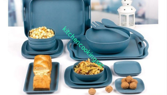 Μίας χρήσης Dinnerware μπαμπού τροφίμων ασφαλές, τακτοποιεί το μπλε ναυτικό σύνολο επιτραπέζιου σκεύους μπαμπού